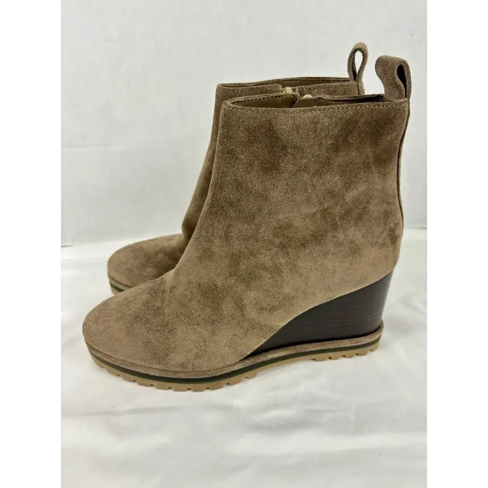 Tory Burch Wedge Boot River Rock Tan Brown Suede 8.5 M Lug Sole